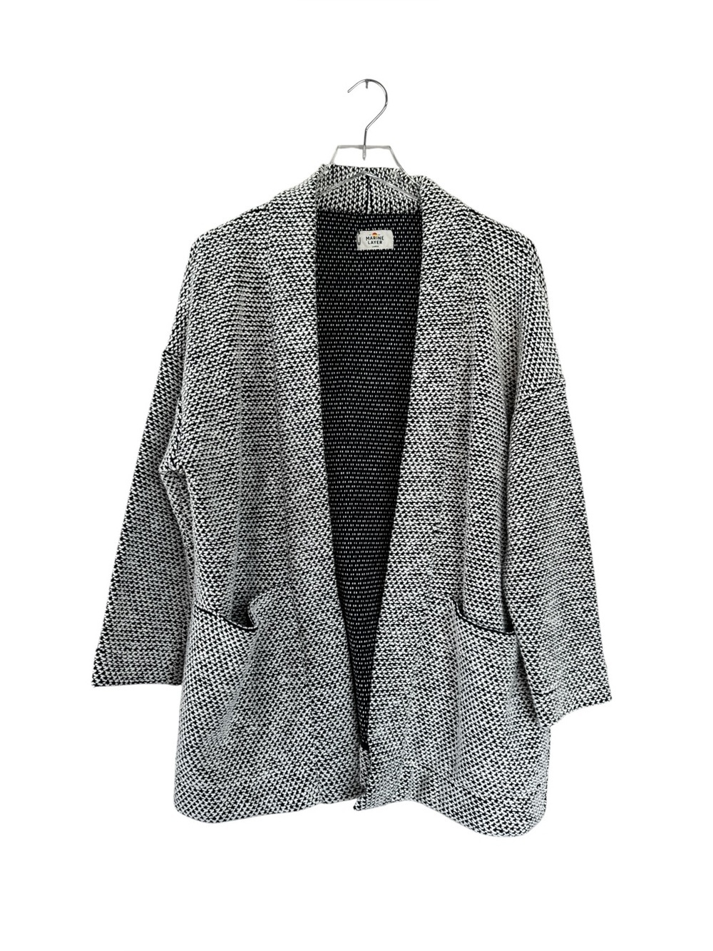 Marine Layer Open Front Cardigan Sweater Large Black White Textured Knit Pockets